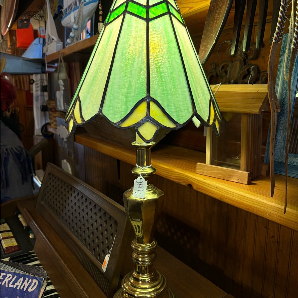 Vintage Stained Glass Table Lamp with Brass Base